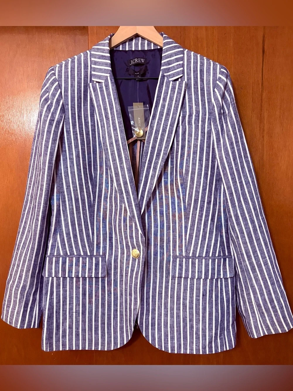 J. Crew Alfie Blazer Striped Linen Navy Blue Jacket